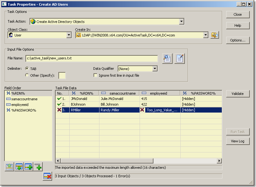 The following example will help illustrate a simplified task to create a few user objects
