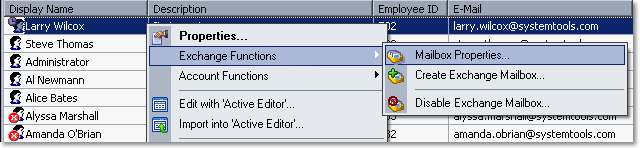 Hyena user context menu for Microsoft Exchange